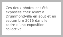 Ces deux photos ont été exposées chez Axart à Drummondville en août et en septembre 2016 dans le cadre d’une exposition collective.